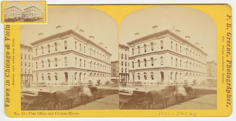 Stereofotografie des Postamts und Zollhauses vor dem Brand von Chicago 1871, 1871
